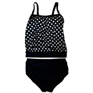 Lands End Swimsuit 6 D Black & White Polka Dot Blouson Tankini Top/Bottoms